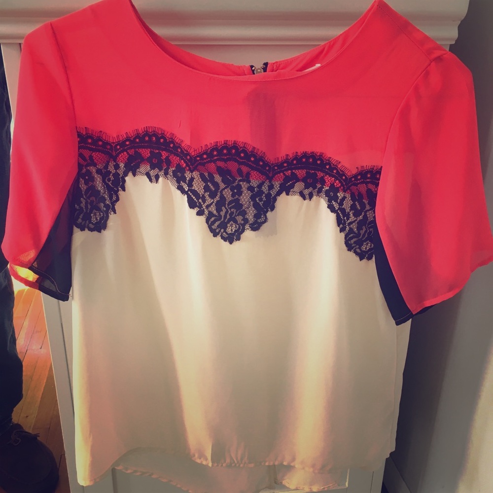 Coral/cream/black Lace blouse